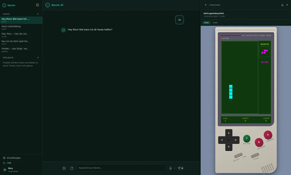 Bildschirmfoto: der NEVIM Coder hat ein Tetris-Spiel gebaut, das rechts neben dem Chat als laufende Seite in der Vorschau zu sehen ist