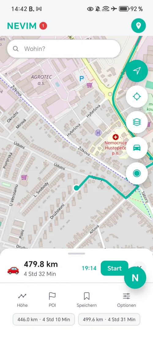 NEVIM Maps auf dem Handy: eine berechnete Route über 479,8 Kilometer und 4 Stunden 32 Minuten, darunter zwei Streckenalternativen