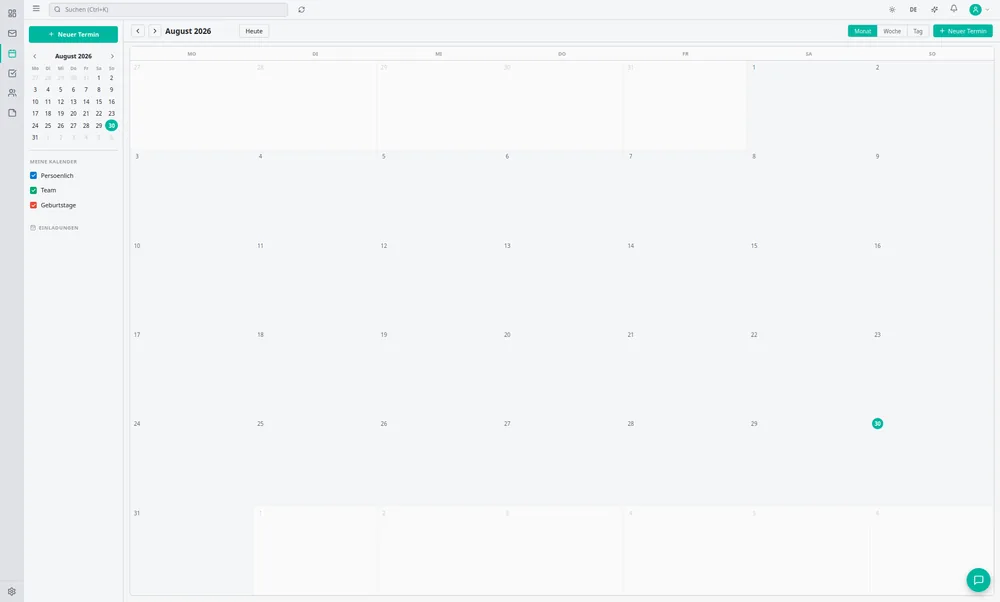 Die Kalender-Monatsansicht des Office mit eigenen Kalendern für Persönlich, Team und Geburtstage